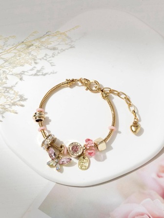 1 st kvinnors flerfärgade hjärta & fjärilsberlock justerbart armband Valentines