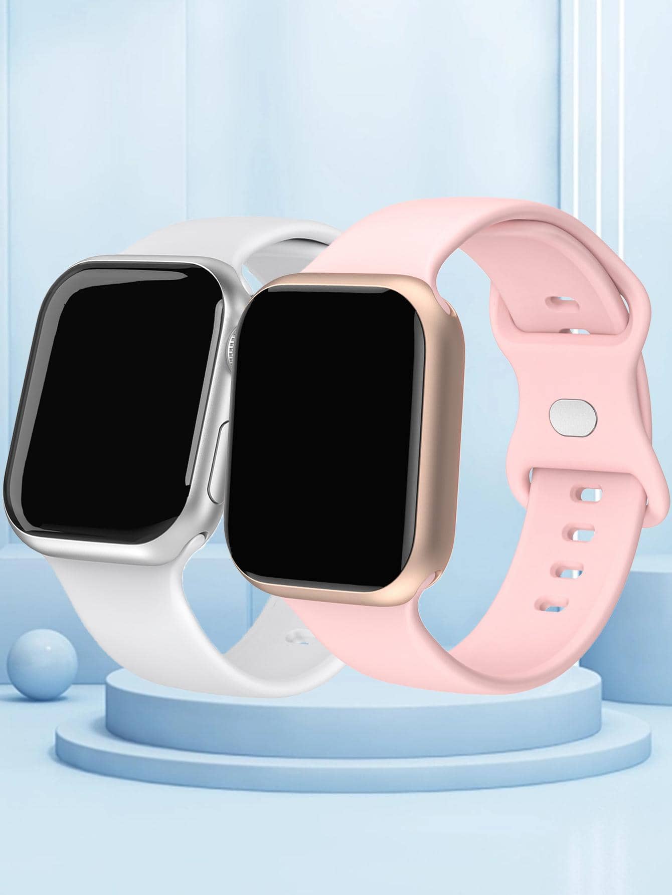 2入組男士女士粉色和白色休閒矽膠錶帶兼容智能手錶 - 彩色 - 查看 1