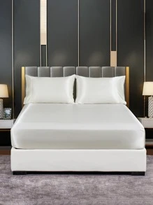 1pc Solid Color Fitted Sheet, Minimalist Fabric Fitted Sheet For Home - Beige - View 1