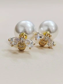 1pair Glamorous Cubic Zirconia Bee & Faux Pearl Decor Stud Earrings For Women For Vacation - Multicolor - View 1
