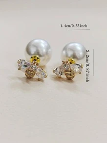 1pair Glamorous Cubic Zirconia Bee & Faux Pearl Decor Stud Earrings For Women For Vacation - Multicolor - View 5
