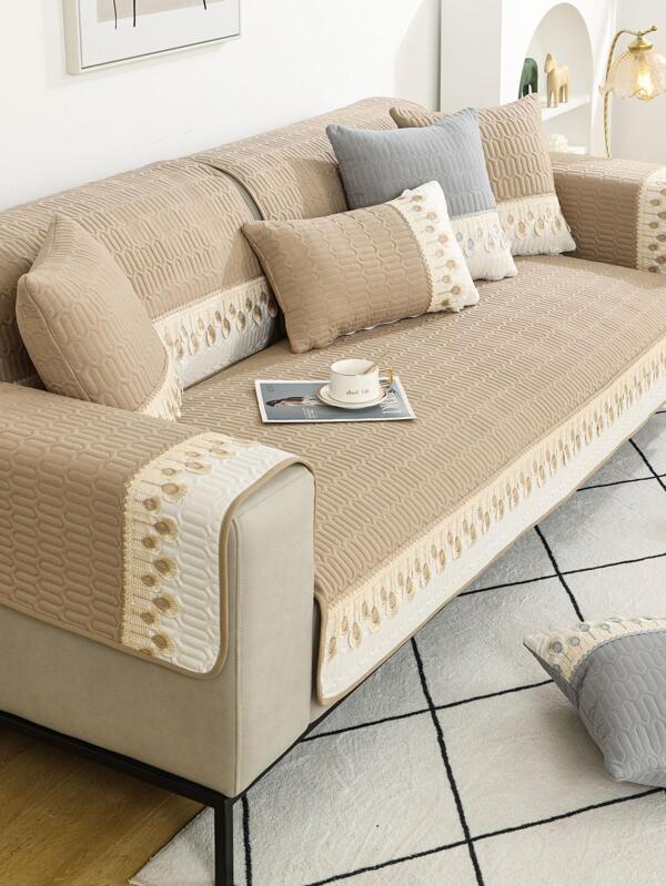 1pc Feather Embroidered Sofa Towel, Modern Polyester Sofa Cover Blanket For Home