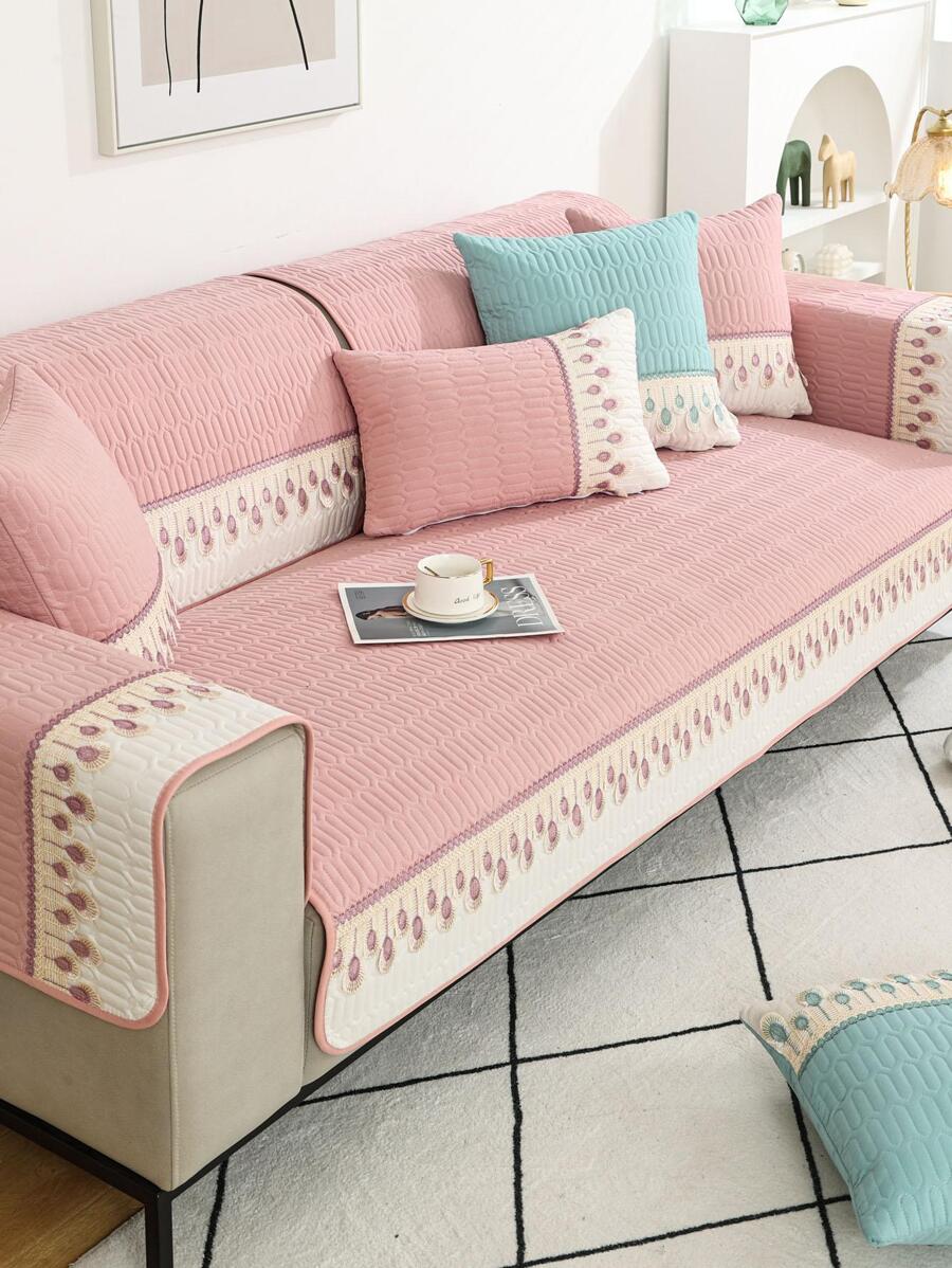 1pc Feather Embroidered Sofa Towel, Modern Polyester Sofa Cover Blanket For Home - Pink - View 1