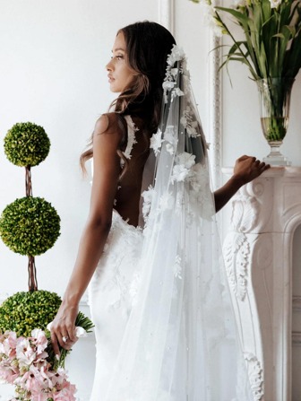 1 件女士仿珍珠装饰花卉刺绣浪漫新娘拖尾头纱，适合婚礼秋季女士服装