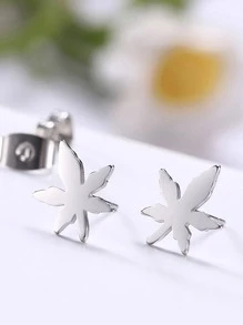 1對女士秋季清新拉絲不銹鋼楓葉耳釘 - 銀色 - 查看 1