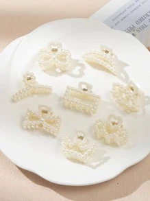 8 件仿珍珠装饰发夹优雅情人节爪夹发夹发夹发夹发夹发夹发夹，学校用品，学院，珍珠发饰秋冬蝴蝶结适合度假装女士 - 白色 - 查看 1