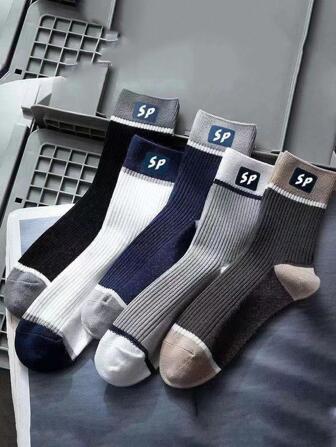 5雙男士字母圖案中筒襪