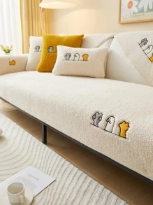 1pc Cat Paw Embroidered Sofa Towel, Cartoon Cute Polyester Anti-slip Sofa Cover Blanket For Living Room - White - View 1
