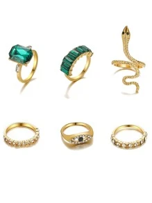 6入組/套復古蛇形幾何設計女士首飾綠色水鑽鑲嵌戒指套裝 - 彩色 - 查看 3
