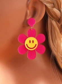 Expression Pattern Flower Drop Earrings - Hot Pink - View 1