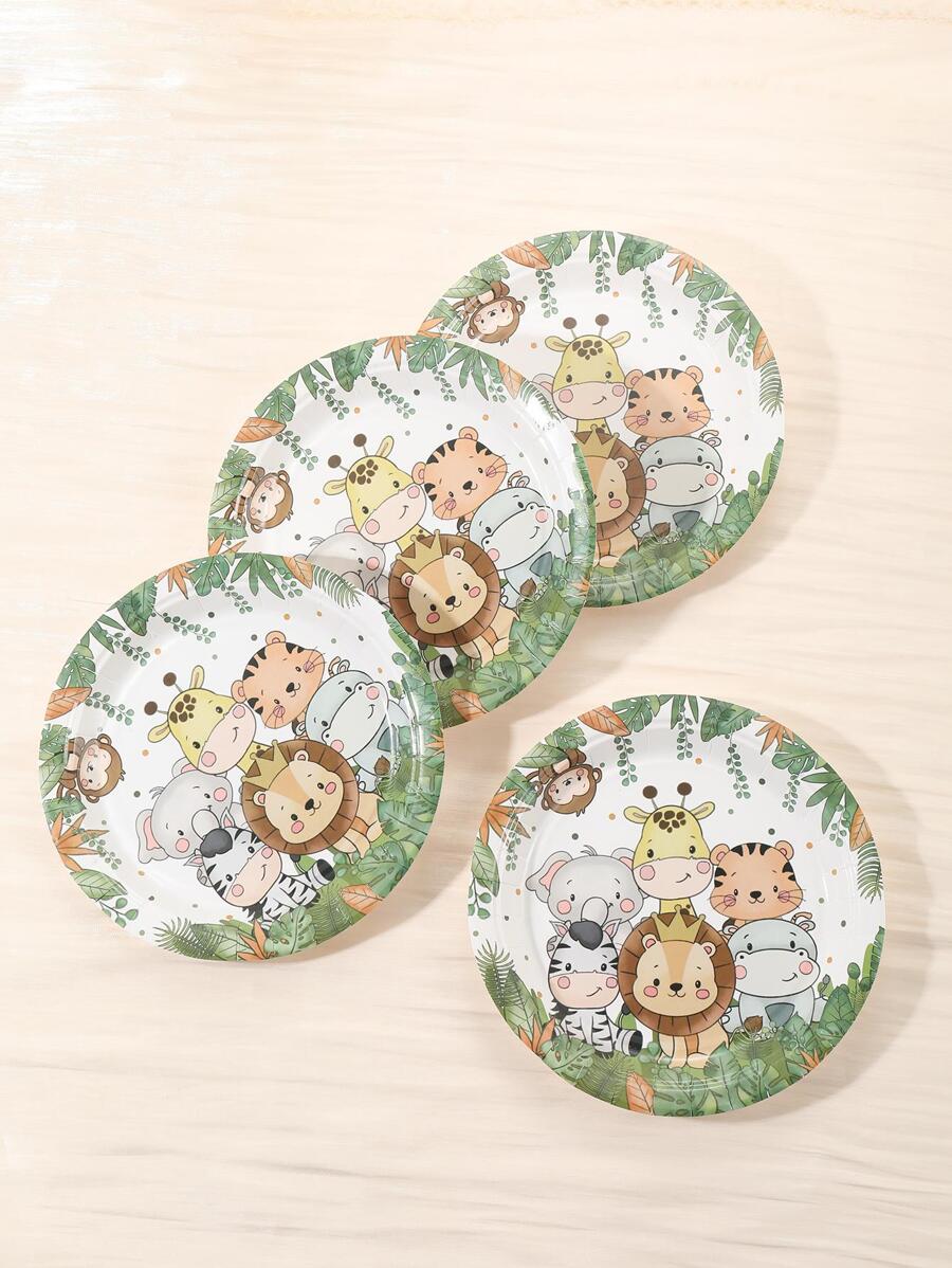 Set de 10 platos de papel desechables, platos desechables con estampado de animales de dibujos animados lindos para fiestas - Multicolor - Ver 1