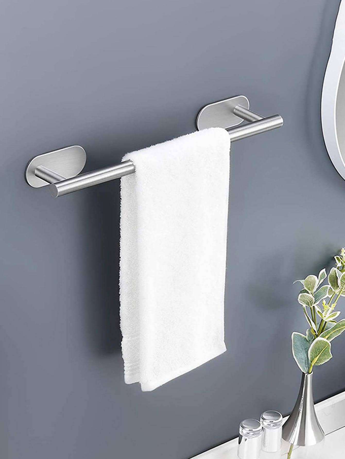 1pc Stainless Steel Towel Bar, Modern Solid Color Punch-free Storage Rack For Home And Bathroom - Silver - View 1