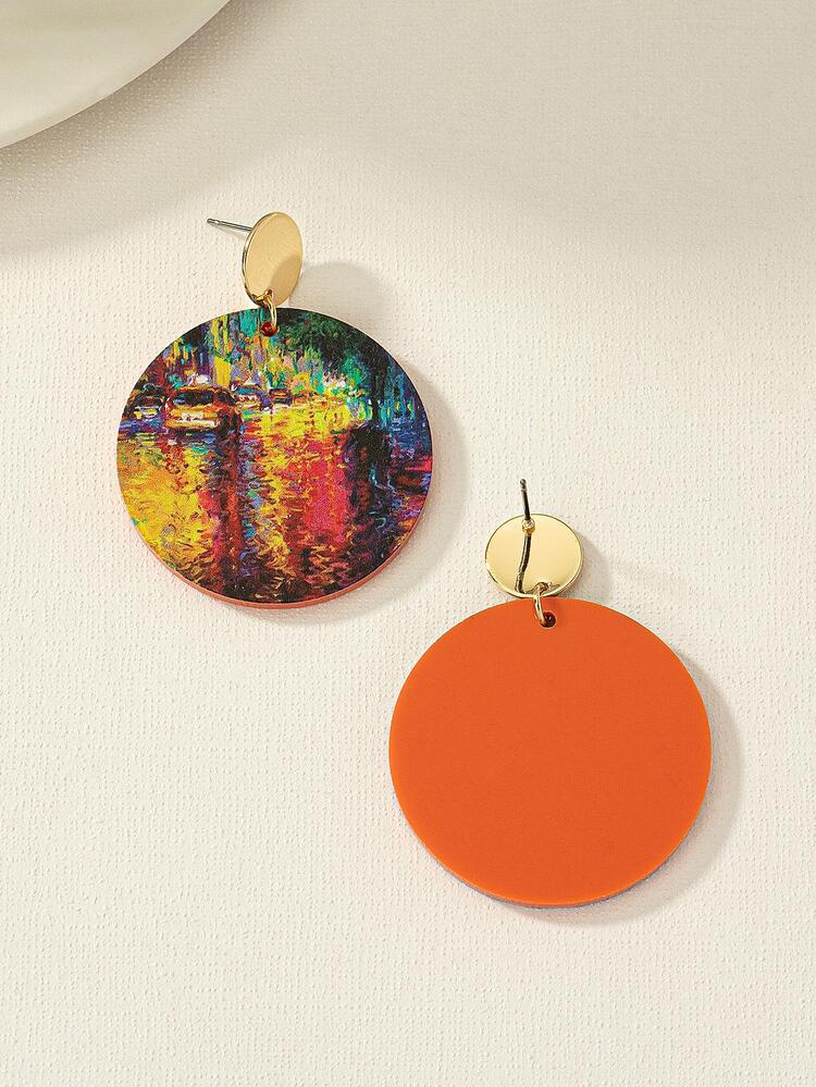 1 Pair Fashionable Exaggerated Artistic Vintage Acrylic Round Printed Earrings, Elegant Design Suitable For Women, Daily, Party, Holiday, Exhibition, Celebration, Gathering