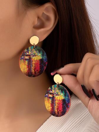 1 Pair Fashionable Exaggerated Artistic Vintage Acrylic Round Printed Earrings, Elegant Design Suitable For Women, Daily, Party, Holiday, Exhibition, Celebration, Gathering