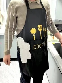 1件围裙，防水防油，北欧风格刀叉图案，男女通用无袖厨房制服，适用于厨房、浴室、家居用品 - 黑色 - 查看 4