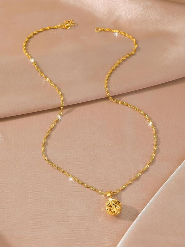 1pc 24K Gold Plated Copper Minimalist Hollow Design Round Ball Pendant Necklace, Suitable For Women's Daily And Holiday Wear As Jewelry Gift