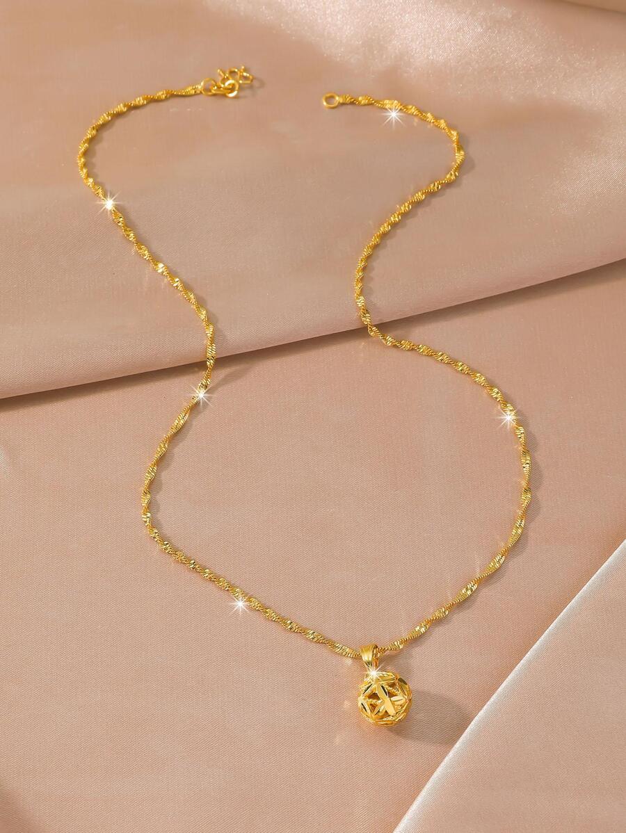 1 件 24K 镀金铜简约镂空设计圆球吊坠项链，适合女性日常和节日佩戴作为珠宝礼物 - 金黃色 - 查看 1