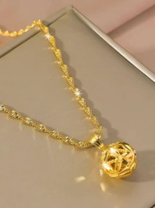 1 件 24K 镀金铜简约镂空设计圆球吊坠项链，适合女性日常和节日佩戴作为珠宝礼物 - 金黃色 - 查看 2