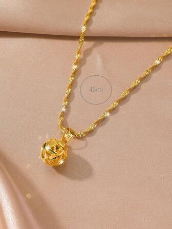 1pc 24K Gold Plated Copper Minimalist Hollow Design Round Ball Pendant Necklace, Suitable For Women's Daily And Holiday Wear As Jewelry Gift