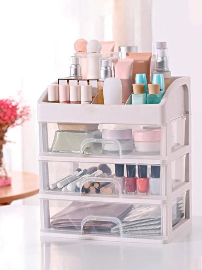 1入組透明桌面化妝品收納盒，抽屜式多層收納架，M/l/XL 尺寸隨機貼紙禮品（S 尺寸不含貼紙）