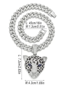 1入經典環鏈豹紋垂飾首飾，男女通用邁阿密鑲嵌閃石古靈精怪的大貓垂飾男士項鍊 - 銀色 - 查看 5