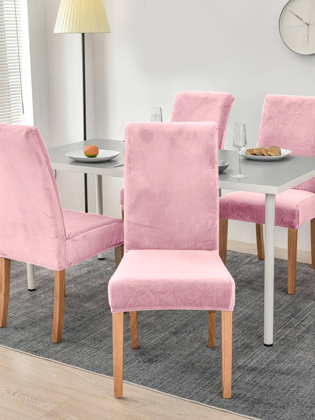 1pc Solid Color Stretchy Chair Slipcover, Pink Polyester Dining Chair