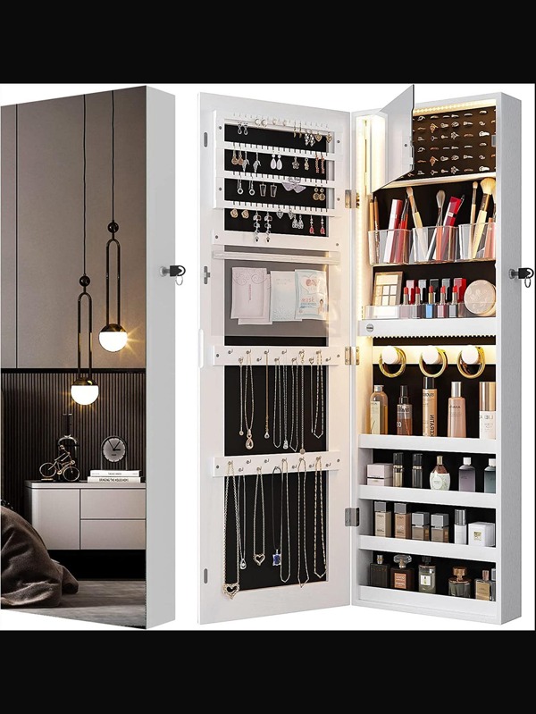 Jewelry Armoire with Mirror 4 Tier Storage Over the Door Jewelry