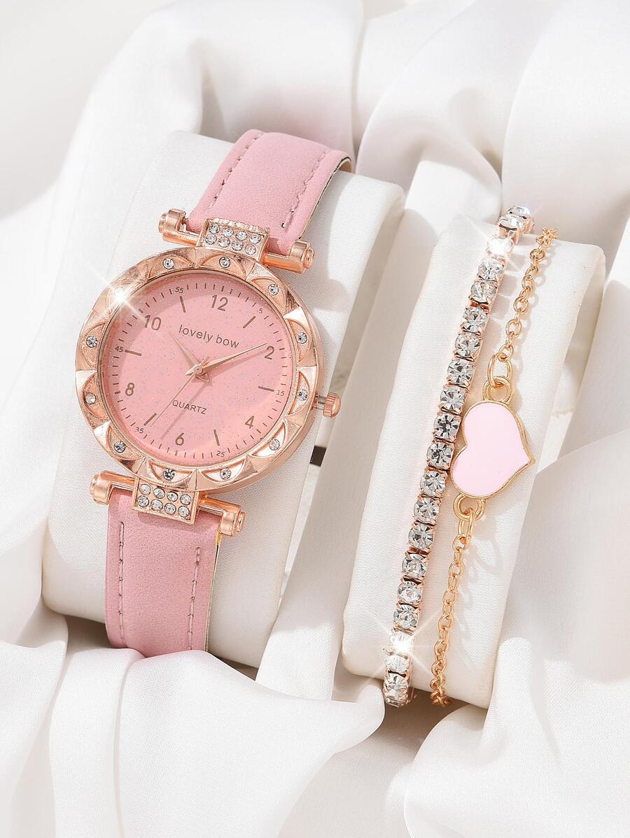 1 Nữ Hồng PU Dây Polyurethane Quyến Rũ Đá Trang Trí Mặt Tròn Đồng Hồ Thạch Anh & 2 Vòng Tay, cho Cuộc Sống Hàng Ngày - Hồng - Xem 1