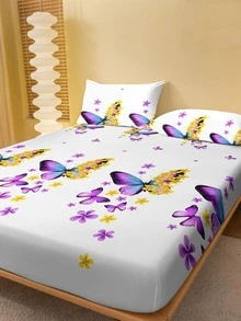 1pc Butterfly Pattern Fitted Sheet, Modern Fabric Fitted Bottom Sheet For Bedroom - Multicolor - View 5