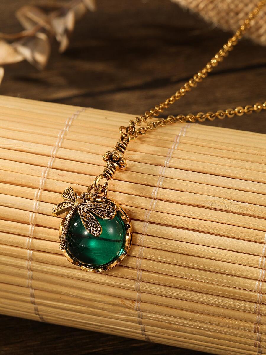 1入組波西米亞創意復古蜻蜓吊墜項鍊 - 綠色 - 查看 1