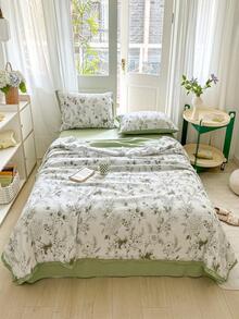 1pc Flower Pattern Quilt, Modern Fabric Summer Quilt For Bedroom - Mint Green - View 1