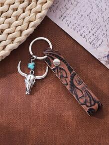 1pc Unisex Cattle Head & Turquoise Decor Vintage Keychain For Key Decoration - Multicolor - View 1