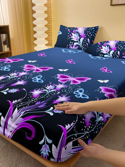 Butterfly Pattern Fitted Sheet, Modern Fabric Elastic Band Fitted Sheet, For Bedroom