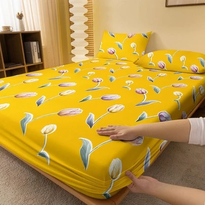鬱金香圖案床單，黃色彈性綁帶床單，適用於臥室