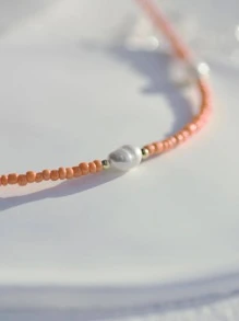 1 件仿珍珠、玻璃珠、金色金属珠项链，适合女士、休闲/度假装、可爱/时尚、学生/大学礼物、Y2K 风格，多种颜色可选 - 橘色 - 查看 11