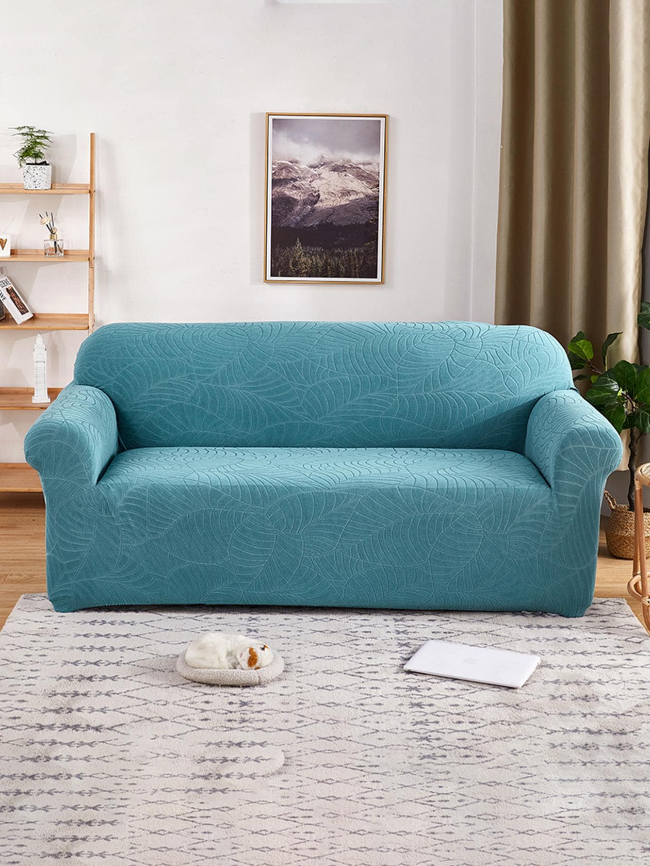 1入組藍色提花葉子圖案沙發套無填充物家用防水滌綸彈力沙發套 - 藍色 - 查看 1