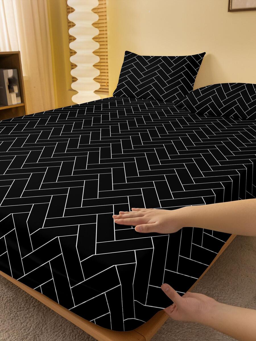 1入組幾何印花床笠，臥室現代織物床笠 - 黑色 - 查看 1