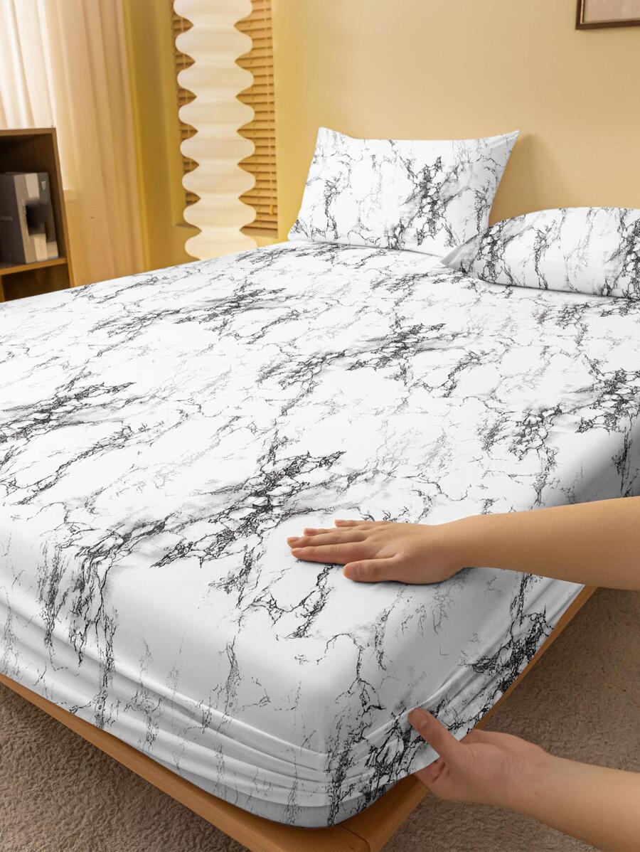 1pc Marble Print Fitted Sheet, Modern Fabric Fitted Bottom Sheet For Bedroom - White - View 1