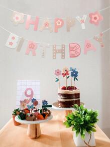 1入組粉色花卉簡約風生日拉旗,生日派對背景裝飾拉旗橫幅 - 彩色 - 查看 3