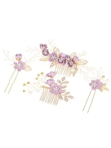 4pcs Flower Decor Bridal Hair Pin Boho - Purple - View 1