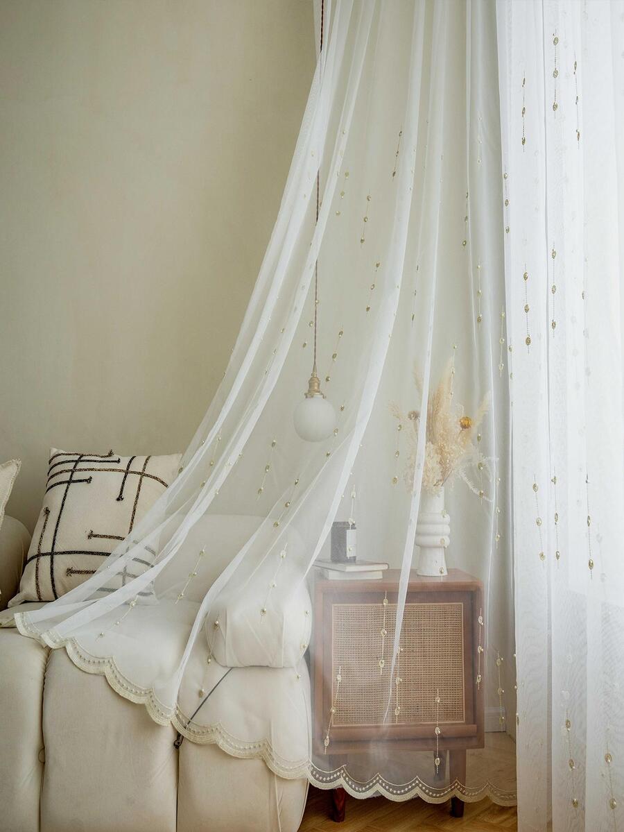 Polyester Sheer Panel Rèm, Phong cách Châu Âu Hình tròn Thêu Ngọc trai giả Trang trí Lọc ánh sáng Rèm Sheer Riêng tư cho Phòng ngủ - Nhiều màu - Xem 1