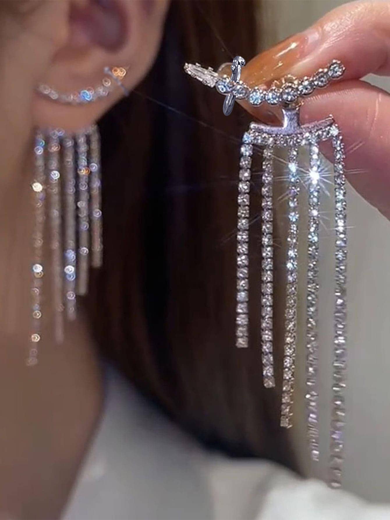Rhinestone Tassel Decor Earring Jackets - Silver - View 1