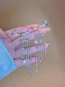 Rhinestone Tassel Decor Earring Jackets - Silver - View 3