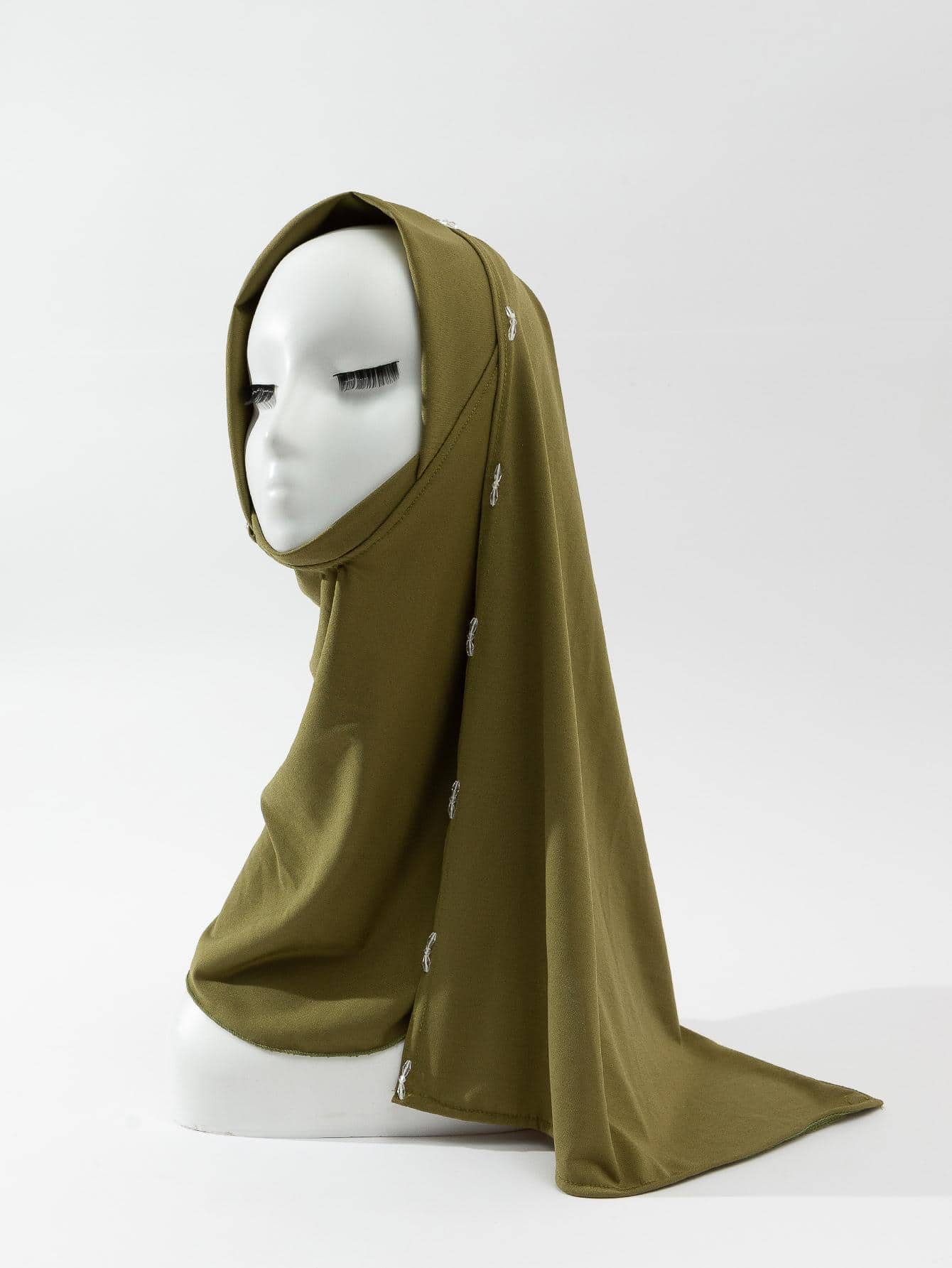 Bead Decor Pull-On Style Hijab - Army Green - View 1