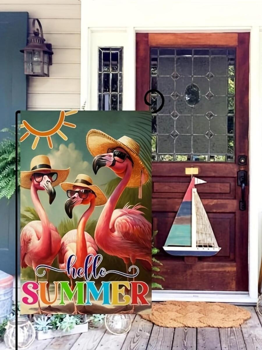 1pc Flamingo Print Garden Flag, Cartoon Polyester Yard Flag For Outdoor - Multicolor - View 1