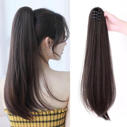 7JHH WIGS Tóc đuôi ngựa thẳng dài 20 inch bằng tóc tổng hợp chịu nhiệt màu nâu sẫm cho phụ nữ dự tiệc hàng ngày