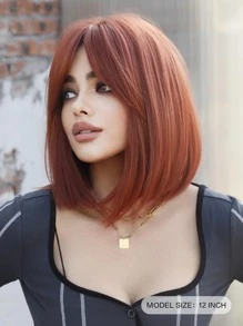 7JHH WIGS Red Orange Short Bob Wigs With Bangs Synthetic Straight Hair Middle Part Bob Ginger Red Wig For Woman Daily Party Cosplay 12 Inch - Orange - View 6