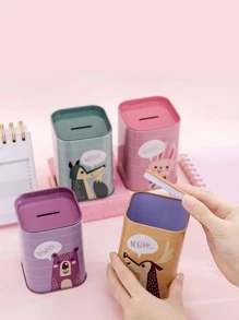 1入組卡通圖案錢卡通動物印花鐵方形蓄箱適用於家庭 - 彩色 - 查看 4