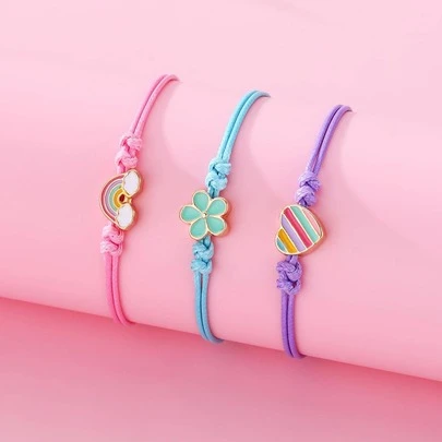 3 cái Vòng tay bện bằng hợp kim kẽm màu cầu vồng dành cho nữ dễ thương với hình trái tim, hoa, giọt dầu Chi tiết màu hồng, xanh lam và tím để đeo hàng ngày