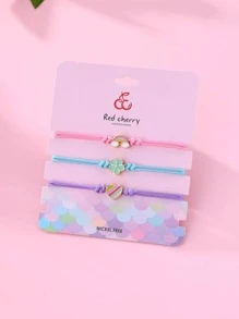 3pcs/set Girls' Rainbow Heart & Flower Shaped Zinc Alloy Multicolor Beaded Wax Cord Bracelet, Suitable For Daily Wear